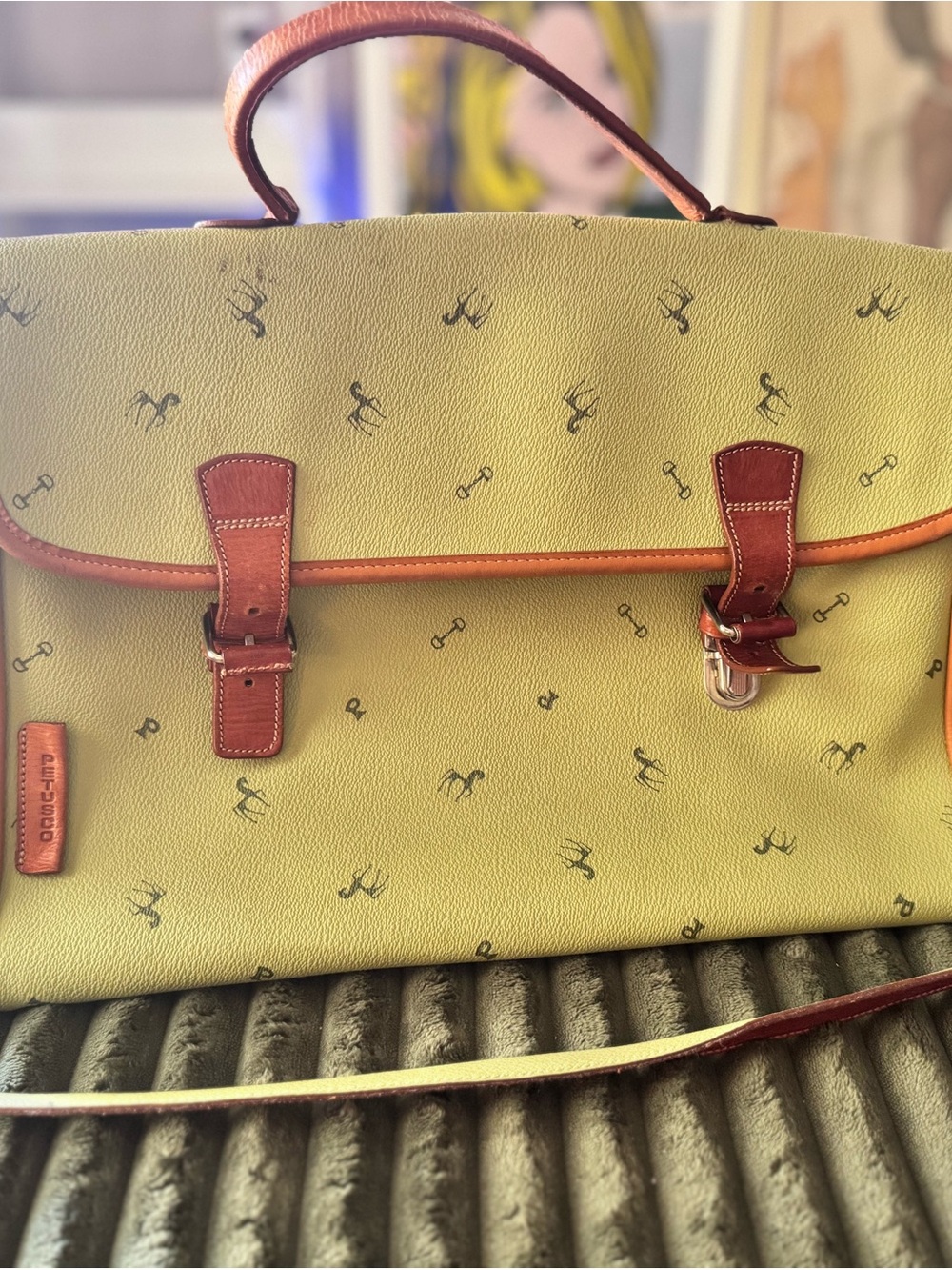 PETUSCO Green W/Horse Design Coated & Brown Leather Made In Spain